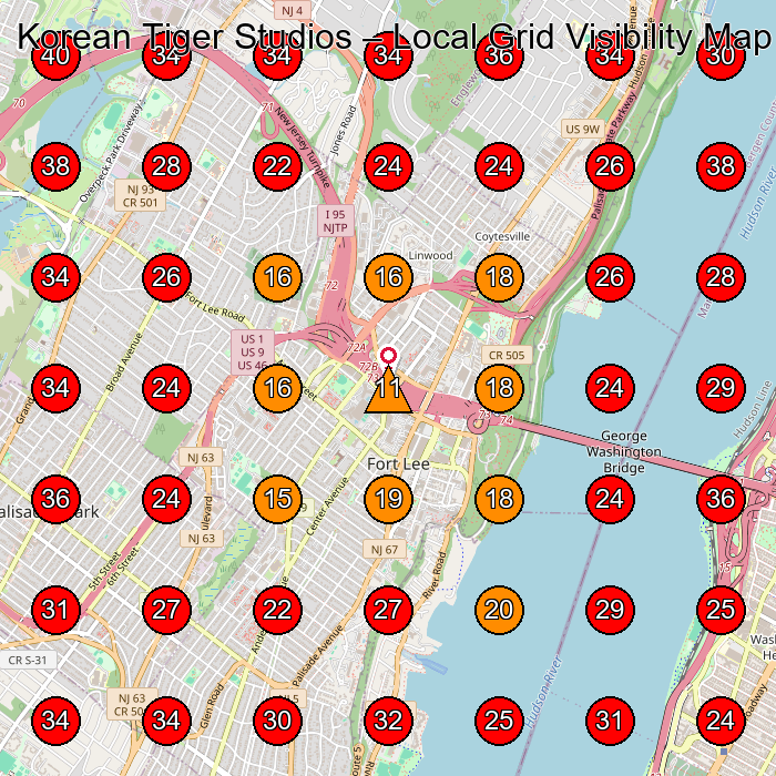 Korean Tiger Studios GeoGrid visibility map for Martial Arts School in Leonia